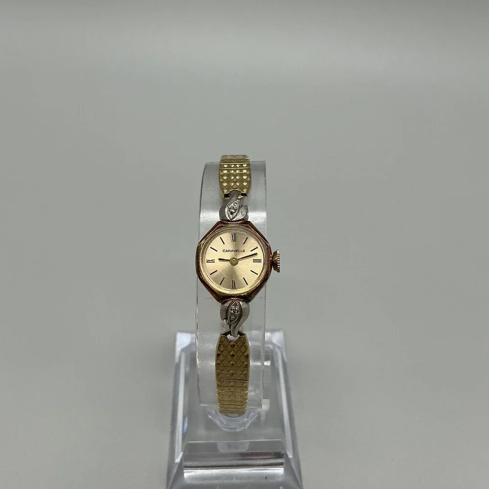 Vintage Caravelle Womens Watch 14mm Champagne Gold Tone Bracelet Diamond Manual